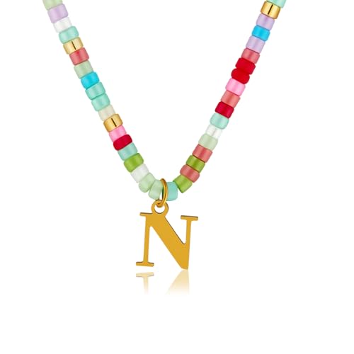 N Letter Necklace Colorful Beaded Stack Dainty Boho Choker for Women Girls