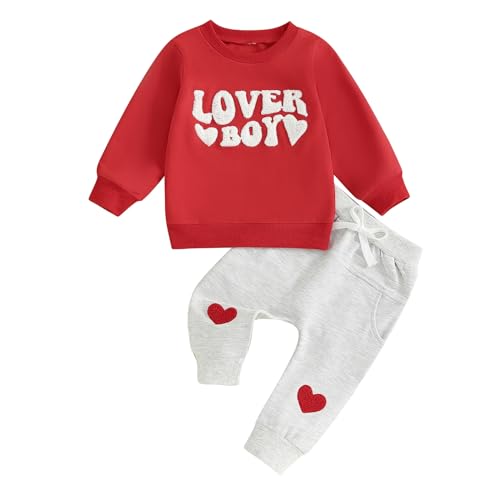 Image of Kupretty Toddler Baby Boy Clothes Valentines Day Outfit Lover Boy Heart Embroidered Crewneck Sweatshirt + Joggers Pants Sets