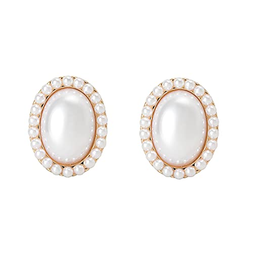 Pearl Clip on Earrings for Women Non Pierced 14K Gold Plated Oval Earrings