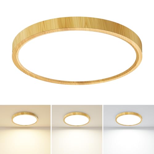 slochi Bathroom Light, 3000K/4000K/6500K 3 Color Temperature, Waterproof IP44, Small, Round, Modern, Flush Ceiling Light for Bathroom, Kitchen, Bedroom, HallwayØ18CM(Wood)
