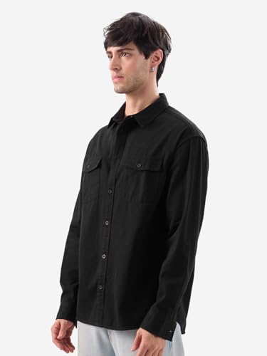 Image of The Souled Store Solids: Mystic Black Men and Boys Long Sleeve Collared Neck Button Front Solid Regular Fit Cotton Utility Shirts