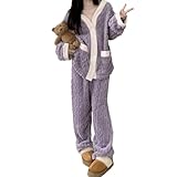 [GlamollaMisse] パジャマ レディース 上下セット Vネック ケーブル柄 フランネル トップス ボタン付き ポケット付き 長袖 前開き ロングパンツ ウエストゴム もこもこ 暖かい 可愛い 体型カバー 部屋着 ルームウェア 春秋冬