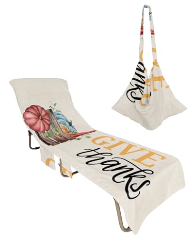 Harvest PumpkinS Beach Chair Towel Covers for Chaise Lounge with Side Pocket, Soft Plush Pool Towels Cover for Patio Sunbathing Outdoor 29''x85'' Thanksgiving Fall Watercolor Burlap