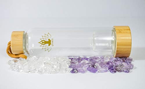 Healing Crystal Water Bottle Glass Infuser Elixir, Clear Quartz & Amethyst Gemstone, Bamboo Lids, BPA Free Eco with Gem Crystals, Infused for Yoga, Meditation, Mindfulness â€“ by Life Bliss
