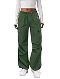 COPYLEAF Cargo Pants Women Elastic Waisted Parachute Hiking Pants with Pockets Water-Resistant Lightweight Baggy Pants(Army Green M)