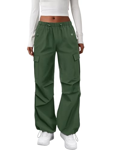 COPYLEAF Cargo Pants Women Elastic Waisted Parachute Hiking Pants with Pockets Water-Resistant Lightweight Baggy Pants(Army Green L)