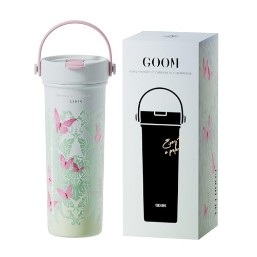 GOOM 水筒 マグボトル タンブラー 蓋付き 保温ボトル 600ml 316ステンレス ストローボトル 保温 保冷 真空断熱 漏れ防止 多重構造 ストラップ付き 茶こし付き 手書き風 オシャレ アウトドア スポーツ(バタフライグリーン)