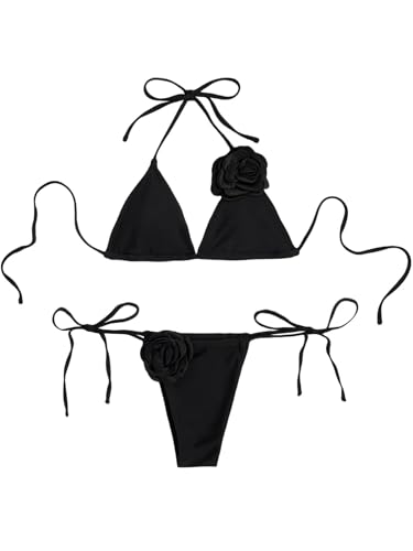 Women's Floral Appliques Cute Bathing Suit High Waisted Triangle Tie Side Swimsuit Bikini Set