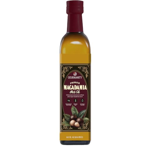 Gourmanity Macadamia Nut Oil Cold Pressed from Premium South African Sources offers a Rich Buttery Flavor and is perfect for Frying Roasting and Drizzling. This Heart-Healthy Frying Oil is Cholesterol Free Vegan and suitable for Keto & Paleo diets packed with Monounsaturated Fats including Omega 3 6 & 9. 16.9 fl oz Bottle.