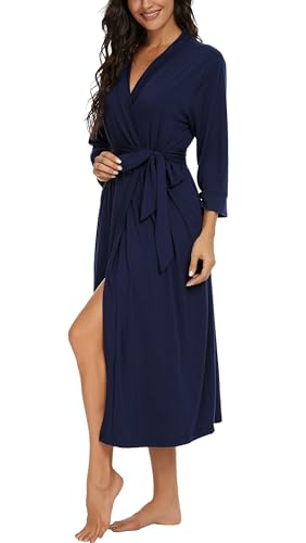 Image of VINTATRE Robes for Women Long Knit Bathrobe XS-4XL | 3 /4 Sleeve Bathrobes with Pockets, Stretchy and Lightweight Fabric, Inner Tie and Fixed Outer Matching Belt, Mid Calf Length