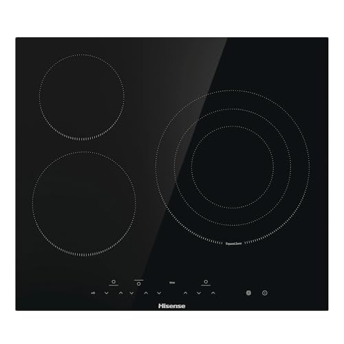 Hisense E6332BSCE - Placa vitrocerámica 3 zonas, zona grande 30 cm, ancho 60 cm, control táctil, bloqueo infantil, temporizador integrado, resistente a arañazos, fácil limpieza, bordes biselados
