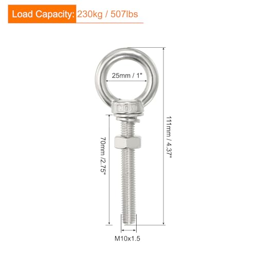 Image of uxcell M10x70 3 /8 inchx2.75 inch Stainless Steel Eye Bolts Threaded Screw Eyebolt Shoulder Ring with Nuts Washers for Lifting Hanging, 2 Set