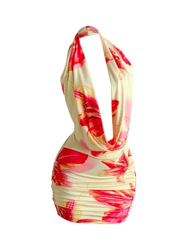 SweatyRocks Women's Club Halter Cowl Neck Dress Draped Going Out Open Back Cocktail Mini Dresses Party Clubwear Red Yellow Medium