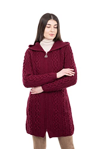 Image of SAOL 100% Merino Wool Aran Irish Cardigan for Women with Pockets, Hood and Celtic Zipper