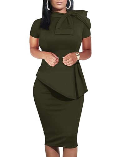 Image of PerZeal Women's Fashion Peplum Bodycon Short Sleeve Work Dresses Bow Club Ruffle Pencil Formal Cocktail Dress