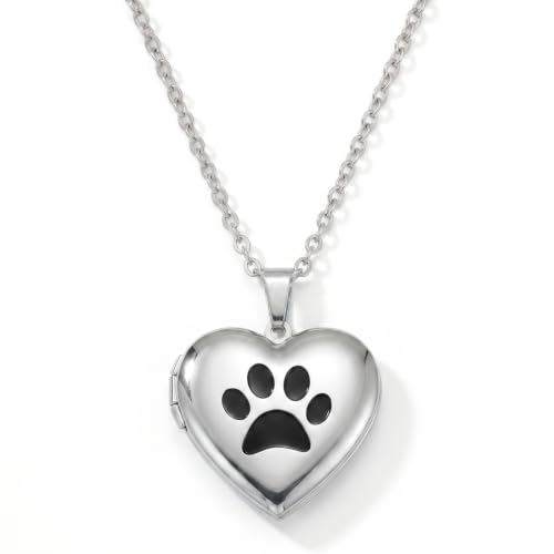 PHOCKSIN Silver Heart Locket Necklace Dog Paw Print Photo Lockets for Women In Memorial for Best Dog Cat Friends