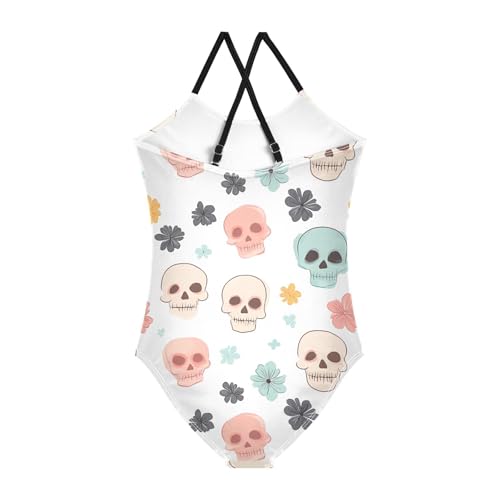 Bolaz Girls Swimsuits One-Piece Bathing Suits Multicolor Kids Sport Summer Beach Swimwear for 3-10 Years Old-Cute Skull Flowers Pattern2