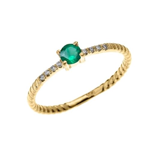 Joyara Anillo de compromiso/propuesta/diamante y esmeralda solitario delicado apilado con diseño de cuerda de oro amarillo de 9 quilates para mujer