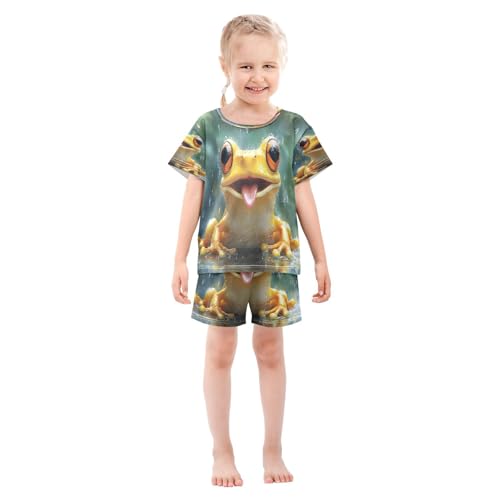 ALAZA Cute Frog Rain Pajamas Set Short Sleeve Cotton Sleepwear Summer Pjs 2 Piece 5-14Y3