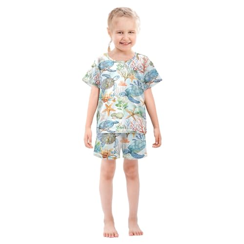 ALAZA Sea Turtle Coral Reef Starfish Pajamas Short Sleeve 2 Piece Sleepwear Top and Bottom Pajama Set Unisex3