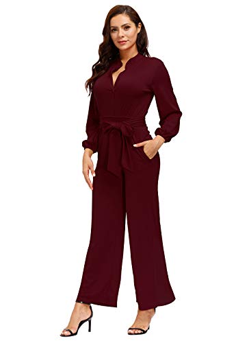 Ophestin Womens Long Sleeve Jumpsuit for Work Wide Leg Pants Rompers with Belt Burgundy Size 2XL