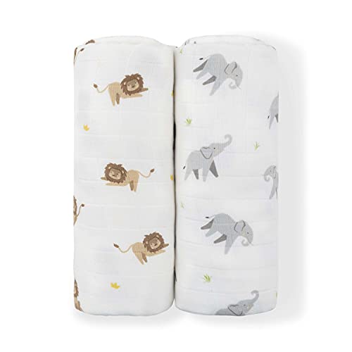 Image of Viscose Muslin Baby Swaddle Receiving Blanket, Elephant & Lion