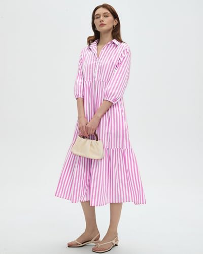 Image of EZAPINE Womens Babydoll Striped Shirt Midi Dress Puff Long Sleeve Collared Button Tunic Flowy Swing Dresses