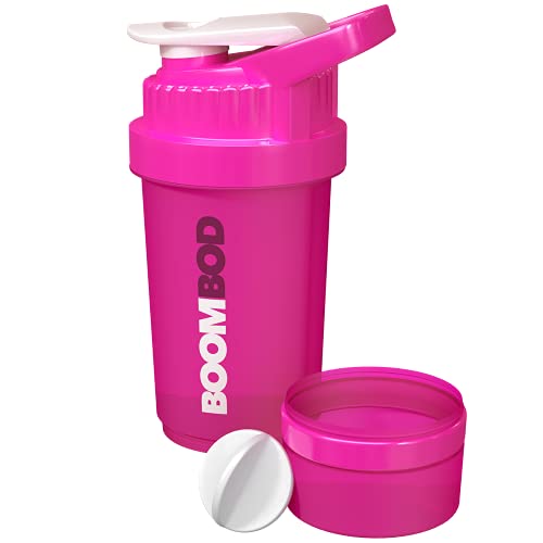 Boombod Protein Shaker Bottle, 20 oz - Pink – Leakproof, Durable Bottle Shaker – BPA-Free, Odor Resistant, Food Safe – Workout Shaker Bottle – with Storage Compartment for Supplements