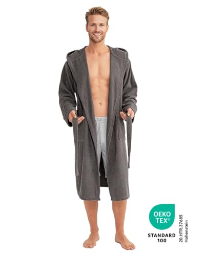 Twinzen Bademantel Herren 100% Baumwolle - Weich, Saugfähig, Aus Frottee, Oeko-Tex Zertifiziert - Dunkelgrau, Größe L