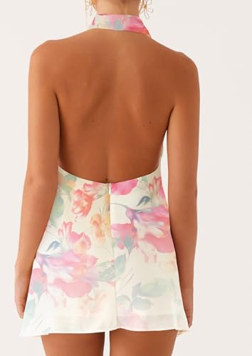 Image of Women Halter Low Neck Mini Dress Sexy Cutout Sleeveless Boho Short Dresses Open Back Night Party Going Out Sundress