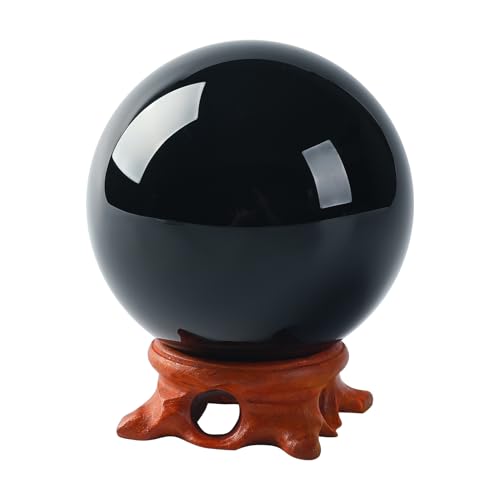 Bola de cristal de obsidiana negra de 100 mm con soporte de madera rosa y caja de regalo para meditación, adivino, feng shui, adivinación, magia, decoración del hogar, Halloween, esfera de cristal de