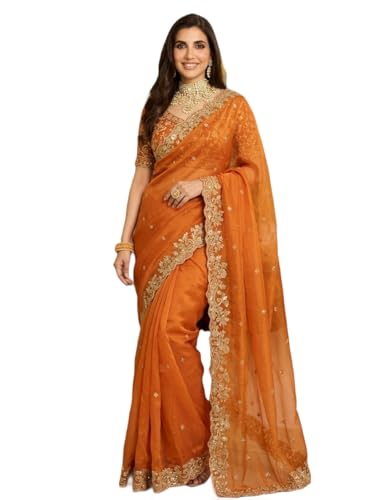 Image of ORHANS Women's Organza Silk Saree with Unstitched Blouse Piece Heavy Embroidery Work and Floral Pattern | Womens Sarees for Weddings | Party and Festivals Sari for Woman | Silk Saree
