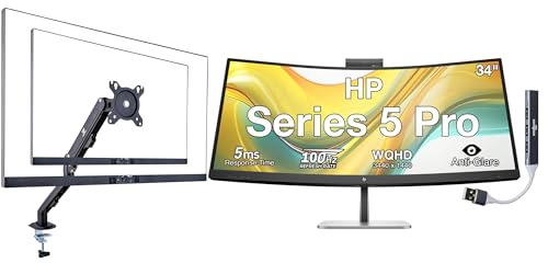 Image of HP Series 5 Pro 34 inch WQHD USB-C Conferencing Monitor, 5MP Pop-up Webcam, 4x3W Speakers, Tilt, Swivel, Height Adjustment Mount, Displayport, HDMI, Black /Silver w /DKZ Hub & ErgoFlexy Single Mount Arm