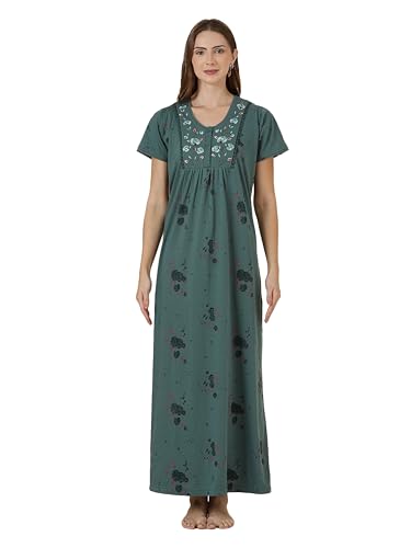 Image of 9shines Label Stylish Cotton Blend Embroidered Maxi Nightdress for Women with Pocket| Full Length Nightwear| Premium Nightdress| Comfortable Nightwear(5256)