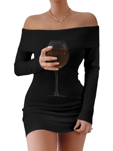 FAIRY SEASON Women's 2025 Off The Shoulder Sweater Mini Dress Long Sleeve Bodycon Cocktail Party Dresses