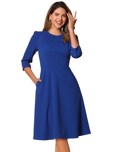 Image of Allegra K Elegant Work Dress for Women's 3 /4 Sleeve Round Neck Pockets Vintage A-Line Swing Midi Dress