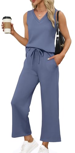 XIEERDUO Airplane Outfits for Women 2025 Vacation Travel Two Piece Sets for Women Summer V Neck Tops Wide Leg Pants Matching Sets Blue S