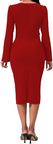 Image of Dresses for Women Elegant Long Sleeves Ruffles Pencil Knee Length Split Business Dress with Belt Zipper