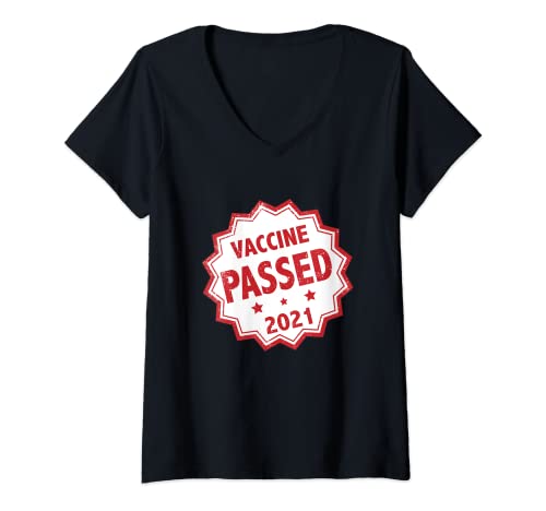 Mujer Vaccine Passed Certificado de Goma Rojo Sello Estilo Divertido Regalo Camiseta Cuello V