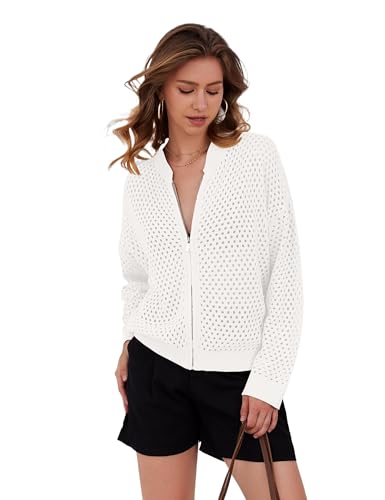 Image of HOCANDY Womens Zip Up Crochet Cardigan Sweater Oversized Long Sleeve Hollow Out Knit Bomber Jacket Fishnet Sweaters