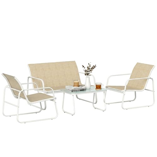 Outsunny Conjunto Jardín Exterior de 4 Piezas, Muebles Jardín Exterior con Sofá de 2 Plazas, 2 Sillones, Mesa de Vidrio Templado, Tela de Textilene Transpirable, Estructura de Acero, Caqui