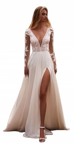 Ivory Long Sleeve Boho Wedding Dress - Beach Lace...