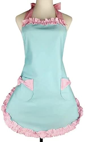 RosieLily Vintage Apron for Women with Pockets Retro Apron Cute Blue Apron Kitchen Aprons for Cooking Baking Pink Dress Kawaii Cotton Frilly Ruffle 50s Ladies Apron for Teen Girls Vintage Gifts