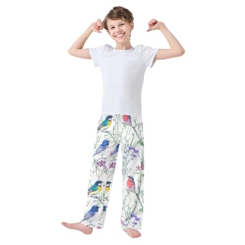 Spring Birds Floral Boys Long Pants Soft Trousers Elastic Waist Kids Lounge Bottoms with Pockets S-XL2