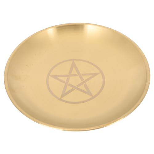 JECOMPRIS Bandeja Porta Velas Pentagrama Metálica Redonda Pequeña, Plato De Metal para Altar Diseño De Tres Fases, Decoración Ritual y Almacenamiento