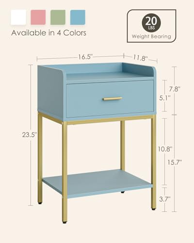 Image of Masupu Nightstand,Bedside Table 3-Tier Modern Night Stand with Storage Drawer and Shelf,Small End Side Table for Bedroom,Living Room,Black (Without Outlet, Blue)