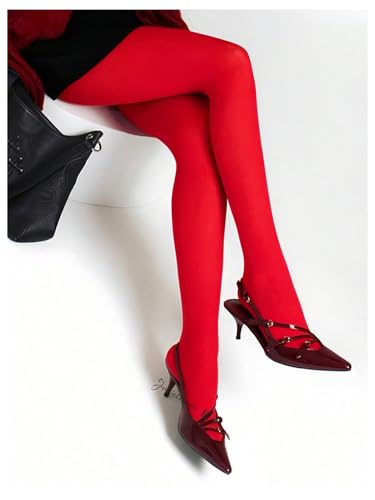 Image of WDIRARA Women's Burgundy Red Opaque Tights Pantyhose Tights High Waist Stockings