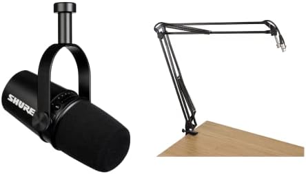 Shure MV7 USB Podcast Microphone for Podcasting, Recording, Dwell Streaming & Gaming (Black) + Gator 1000 Microphone Growth Stand