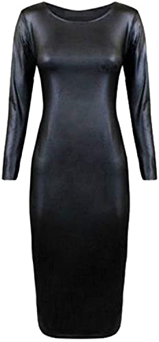 Damen-Kleid, Übergröße, Wetlook, Leder, lange Ärmel, Midi-Kleid, Größe 34-54 Gr. 50-52, Schwarz Cover