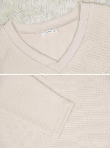 Poetsky Womens V Neck Waffle Knit Cropped Top Long Sleeve Pullover Sweater Casual Crop Shirts4